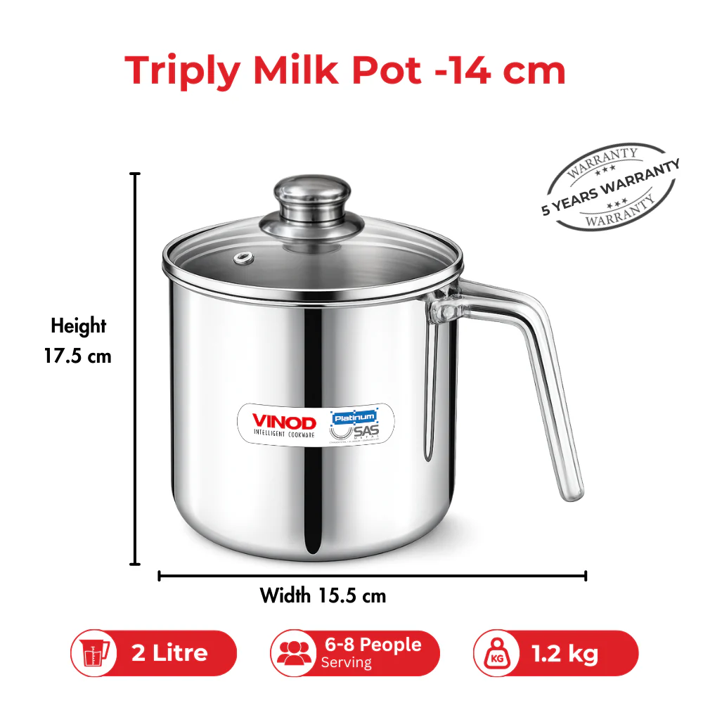 Vinod Platinum Triply Stainless Steel Milk Pot 2L 14cm with Glass Lid