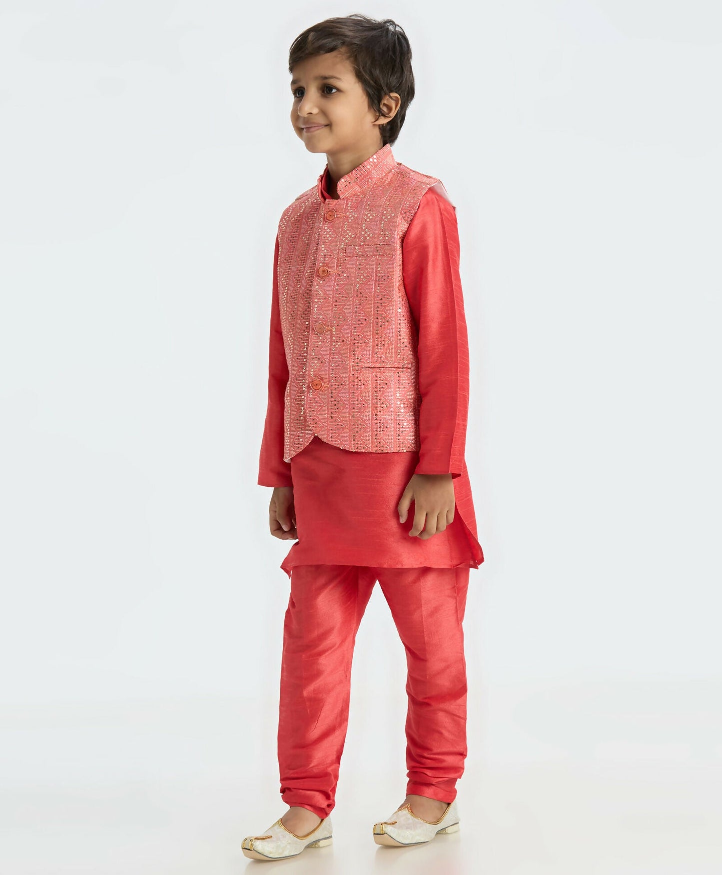 Joban Fashion Kids Island Sequence work Nehru Jacket Full Sleeves Kurta, Pajama Set - Tomato Red
