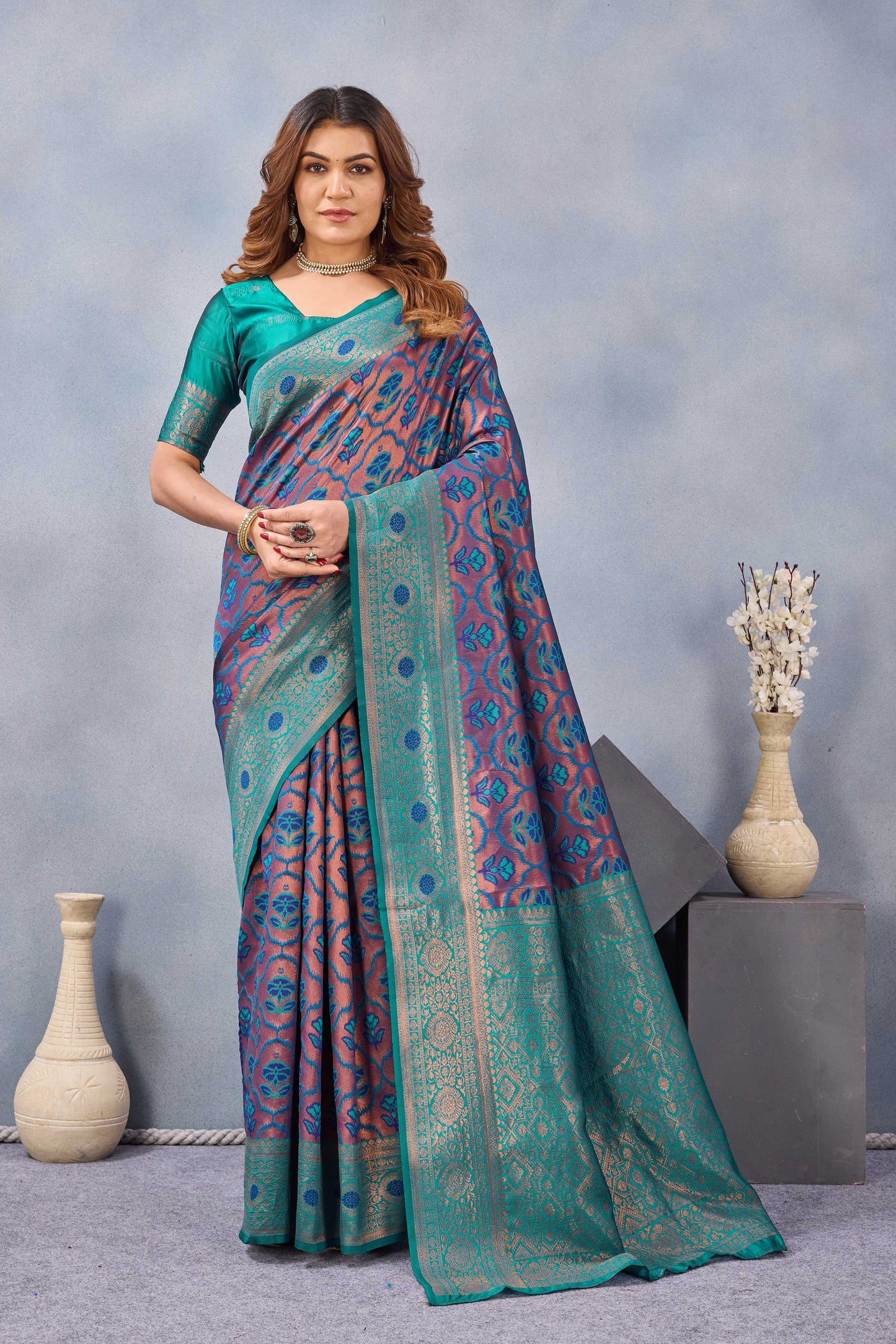 Divine International Trading Co Turquoise Soft Silk Blend Banarasi Jacuard Work Designer Party Wear Saree With Unstitched Blouse Piece