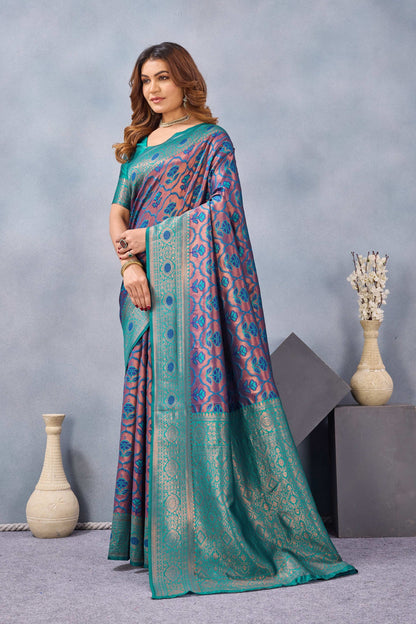 Divine International Trading Co Turquoise Soft Silk Blend Banarasi Jacuard Work Designer Party Wear Saree With Unstitched Blouse Piece