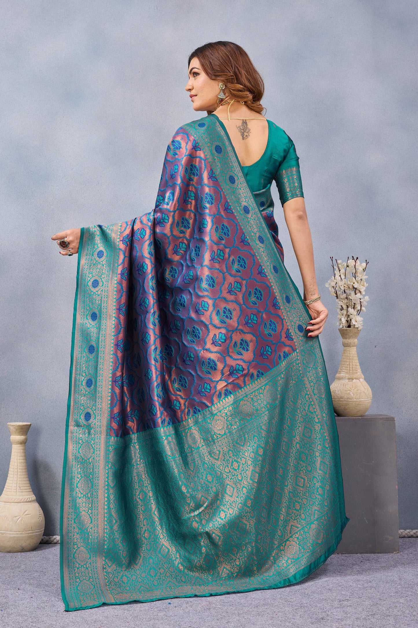 Divine International Trading Co Turquoise Soft Silk Blend Banarasi Jacuard Work Designer Party Wear Saree With Unstitched Blouse Piece