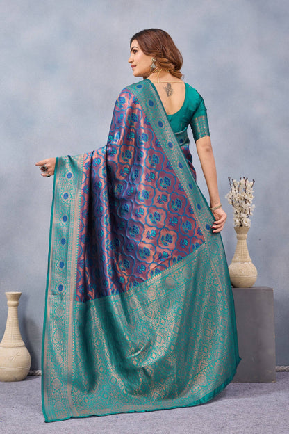 Divine International Trading Co Turquoise Soft Silk Blend Banarasi Jacuard Work Designer Party Wear Saree With Unstitched Blouse Piece