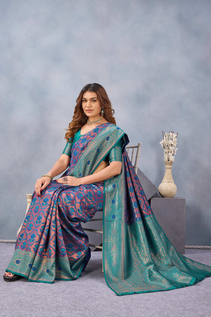 Divine International Trading Co Turquoise Soft Silk Blend Banarasi Jacuard Work Designer Party Wear Saree With Unstitched Blouse Piece