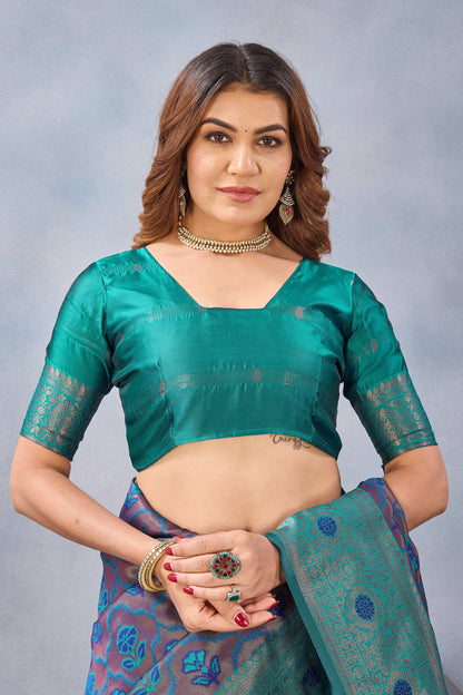 Divine International Trading Co Turquoise Soft Silk Blend Banarasi Jacuard Work Designer Party Wear Saree With Unstitched Blouse Piece