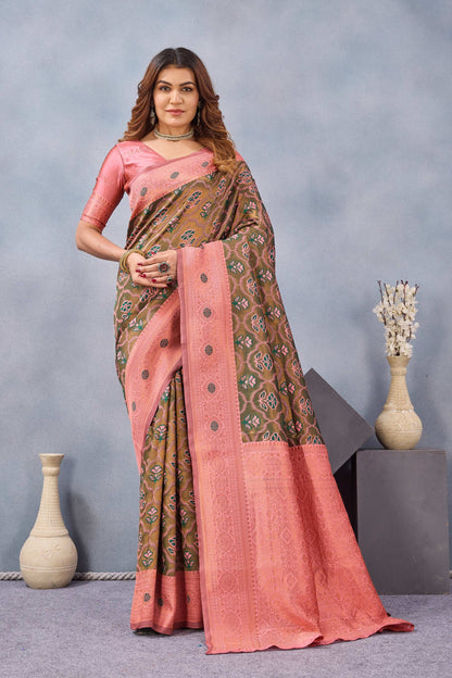 Divine International Trading Co Green Pink Soft Silk Blend Banarasi Jacuard Work Designer Party Wear Saree With Unstitched Blouse Piece