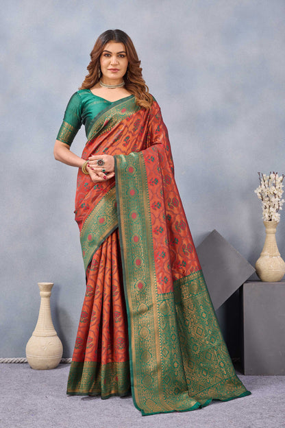 Divine International Trading Co Orange Green Soft Silk Blend Banarasi Jacuard Work Designer Party Wear Saree With Unstitched Blouse Piece