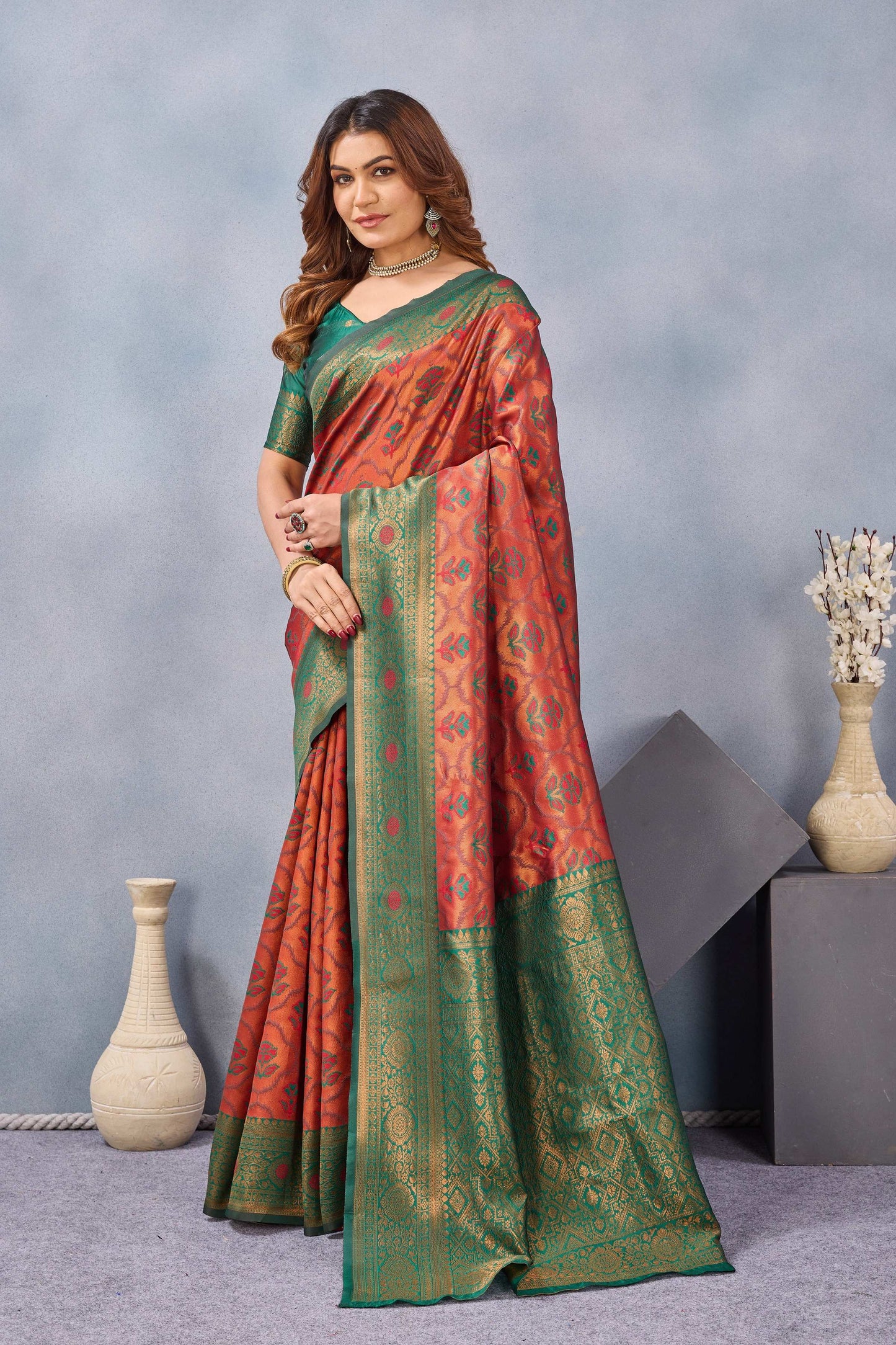 Divine International Trading Co Orange Green Soft Silk Blend Banarasi Jacuard Work Designer Party Wear Saree With Unstitched Blouse Piece