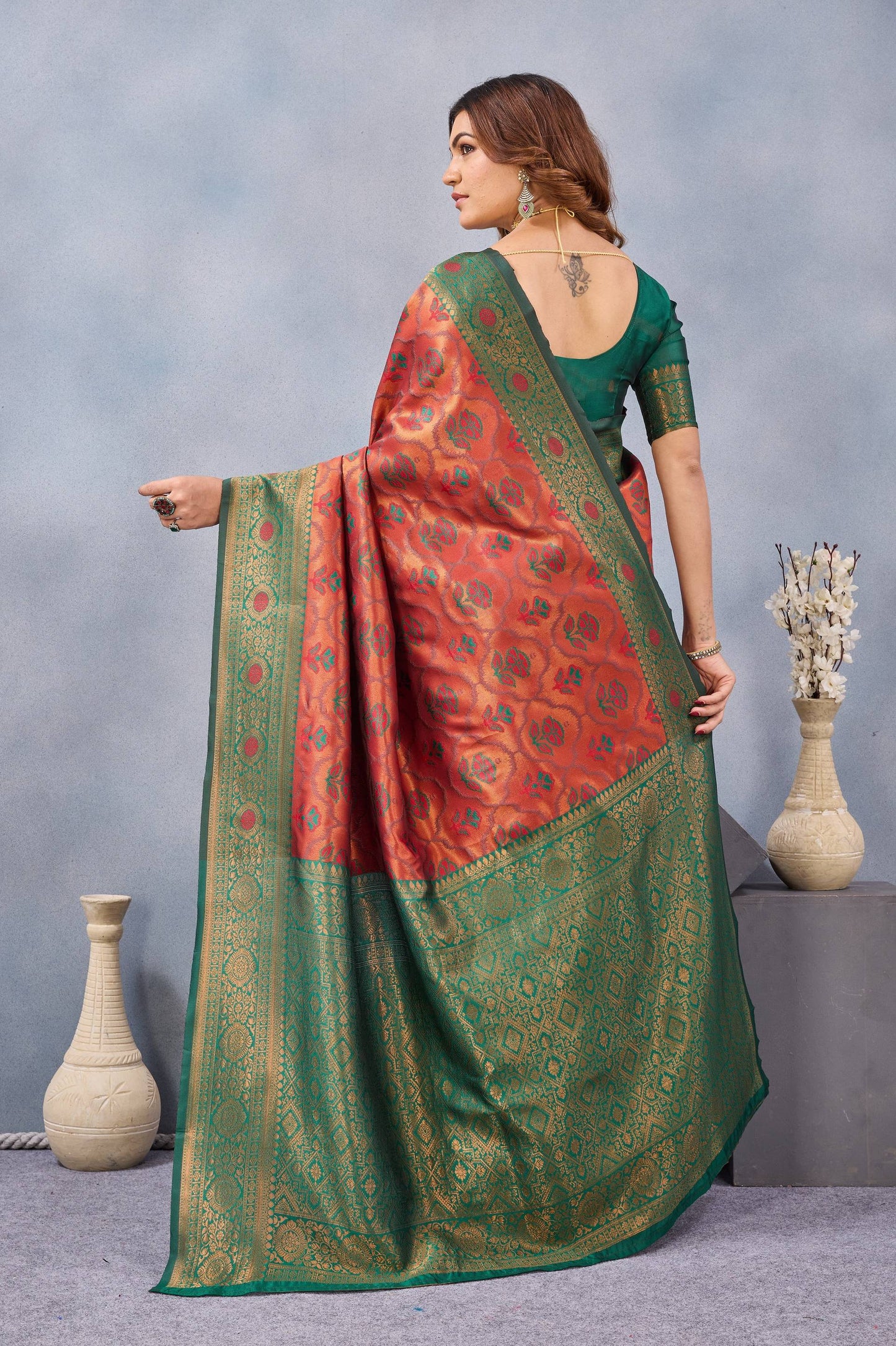 Divine International Trading Co Orange Green Soft Silk Blend Banarasi Jacuard Work Designer Party Wear Saree With Unstitched Blouse Piece