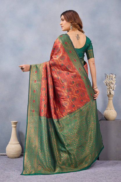 Divine International Trading Co Orange Green Soft Silk Blend Banarasi Jacuard Work Designer Party Wear Saree With Unstitched Blouse Piece