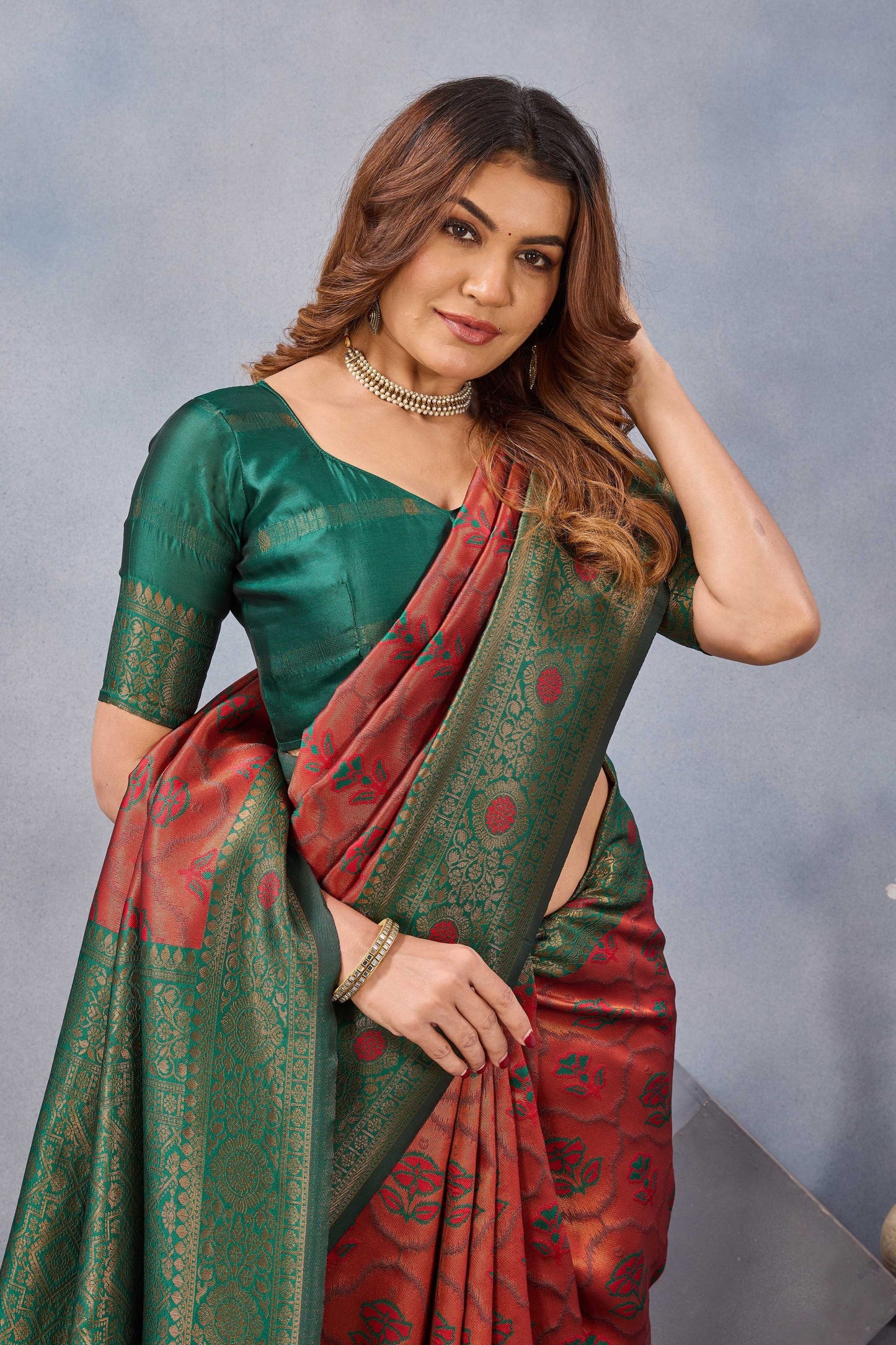 Divine International Trading Co Orange Green Soft Silk Blend Banarasi Jacuard Work Designer Party Wear Saree With Unstitched Blouse Piece