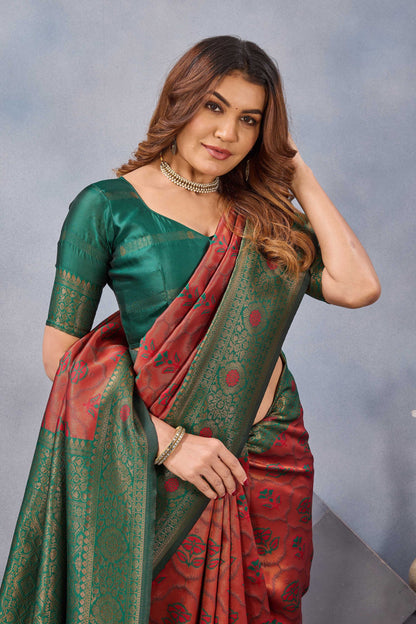Divine International Trading Co Orange Green Soft Silk Blend Banarasi Jacuard Work Designer Party Wear Saree With Unstitched Blouse Piece