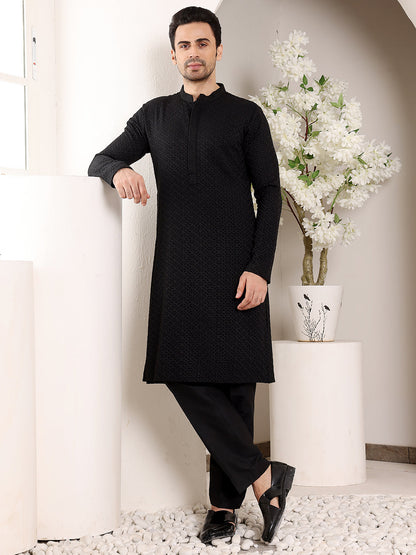 MULTI SHADES Men's Long Sleeve Mandarin Collar Straight Classic Black Rayon Silk Chikankari Kurta