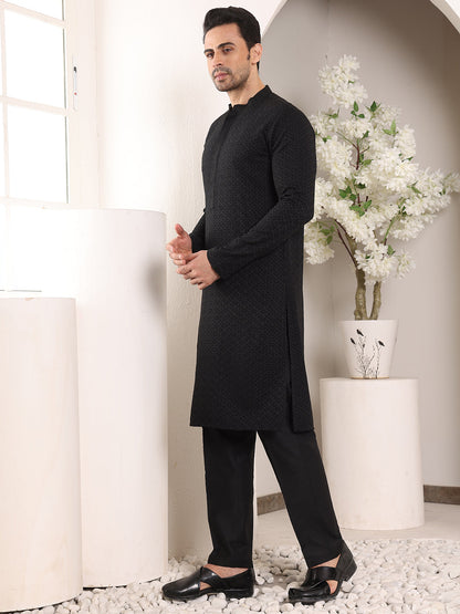 MULTI SHADES Men's Straight Classic Black Rayon Silk Chikankari Kurta,Black Solid Trouser Style Churidar
