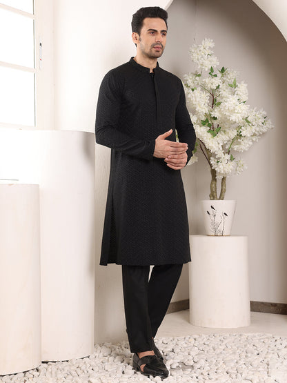 MULTI SHADES Men's Long Sleeve Mandarin Collar Straight Classic Black Rayon Silk Chikankari Kurta