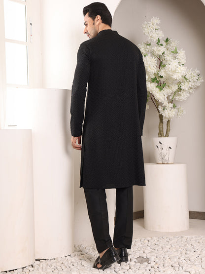 MULTI SHADES Men's Long Sleeve Mandarin Collar Straight Classic Black Rayon Silk Chikankari Kurta
