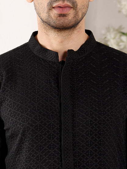 MULTI SHADES Men's Straight Classic Black Rayon Silk Chikankari Kurta,Black Solid Trouser Style Churidar