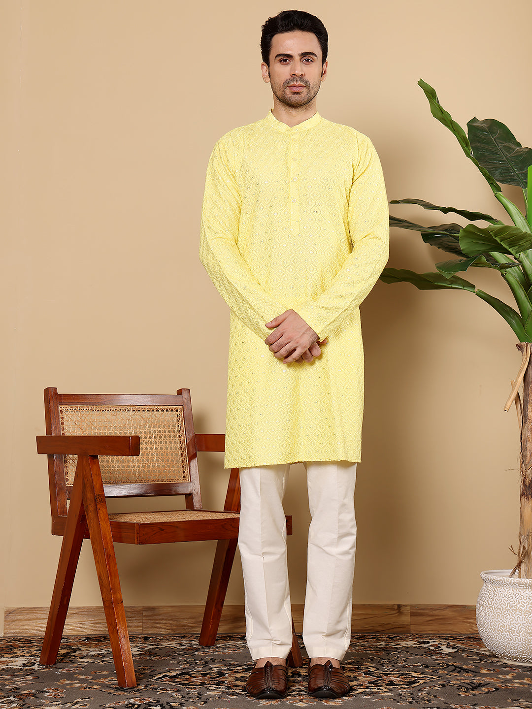 MULTI SHADES Men's Rayon Silk Straight Classic Yellow Chikankari Kurta,Off White Solid Trouser Style Churidar