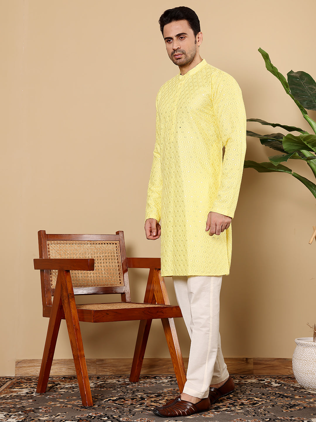 MULTI SHADES Men's Long Sleeve Mandarin Collar Rayon Silk Straight Classic Yellow Chikankari Kurta