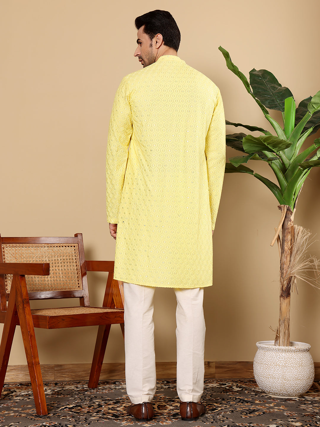 MULTI SHADES Men's Rayon Silk Straight Classic Yellow Chikankari Kurta,Off White Solid Trouser Style Churidar