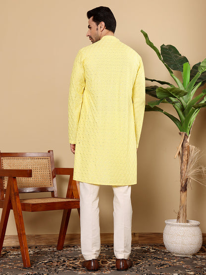 MULTI SHADES Men's Rayon Silk Straight Classic Yellow Chikankari Kurta,Off White Solid Trouser Style Churidar