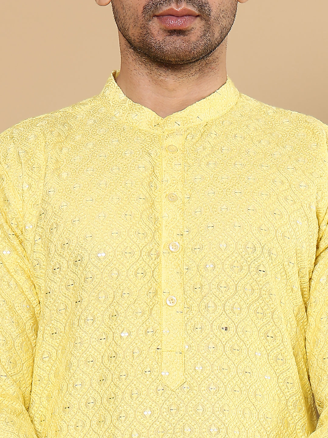 MULTI SHADES Men's Rayon Silk Straight Classic Yellow Chikankari Kurta,Off White Solid Trouser Style Churidar