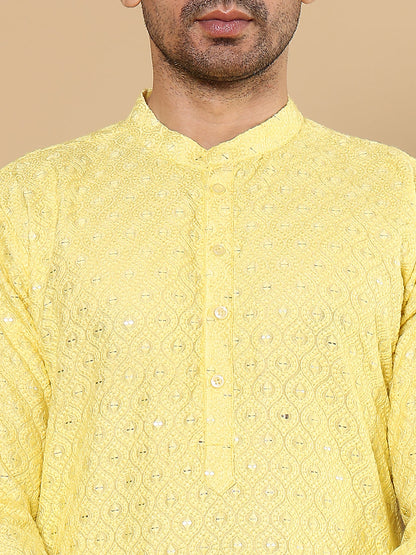 MULTI SHADES Men's Long Sleeve Mandarin Collar Rayon Silk Straight Classic Yellow Chikankari Kurta