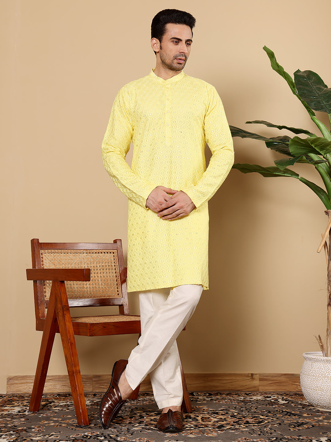 MULTI SHADES Men's Rayon Silk Straight Classic Yellow Chikankari Kurta,Off White Solid Trouser Style Churidar