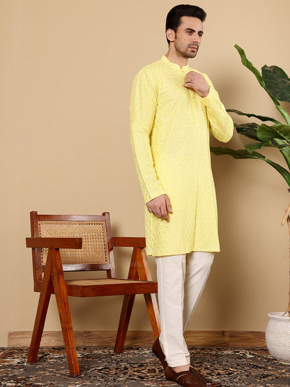 MULTI SHADES Men's Rayon Silk Straight Classic Yellow Chikankari Kurta,Off White Solid Trouser Style Churidar