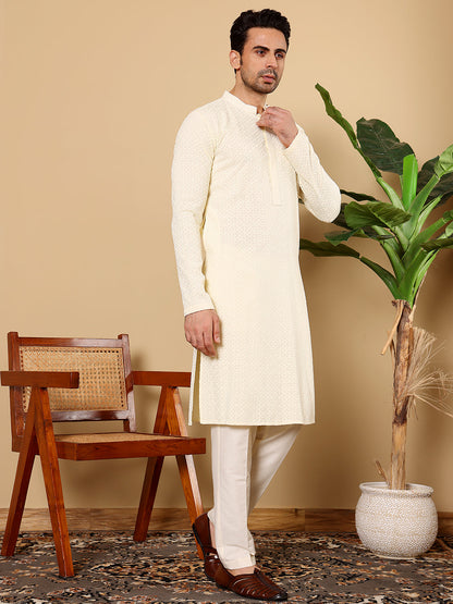 MULTI SHADES Men's Rayon Silk Straight Classic White Chikankari Kurta,Off White Solid Trouser Style Churidar