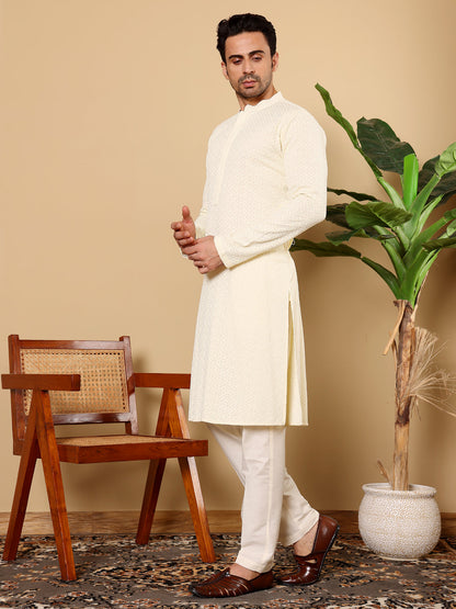 MULTI SHADES Men's Rayon Silk Straight Classic White Chikankari Kurta,Off White Solid Trouser Style Churidar