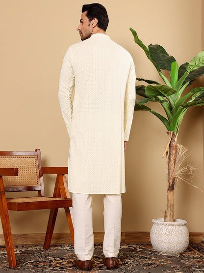 MULTI SHADES Men's Long Sleeve Mandarin Collar Rayon Silk Straight Classic White Chikankari Kurta