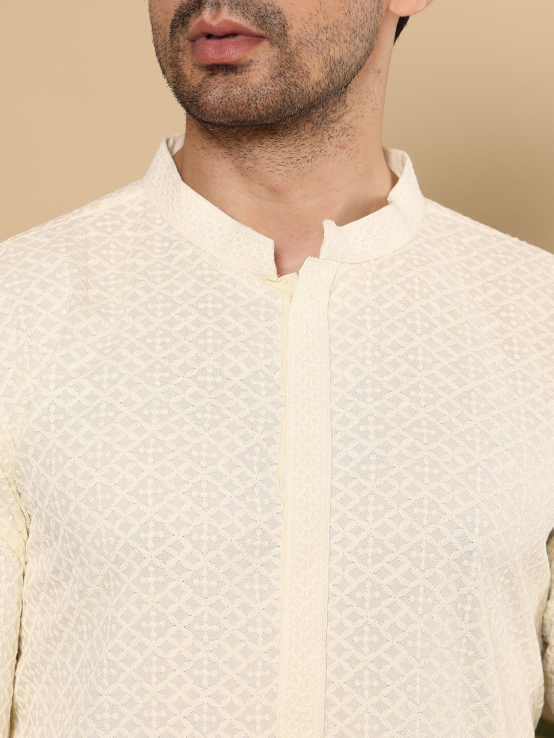 MULTI SHADES Men's Rayon Silk Straight Classic White Chikankari Kurta,Off White Solid Trouser Style Churidar