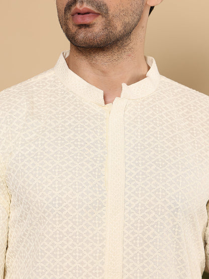 MULTI SHADES Men's Long Sleeve Mandarin Collar Rayon Silk Straight Classic White Chikankari Kurta