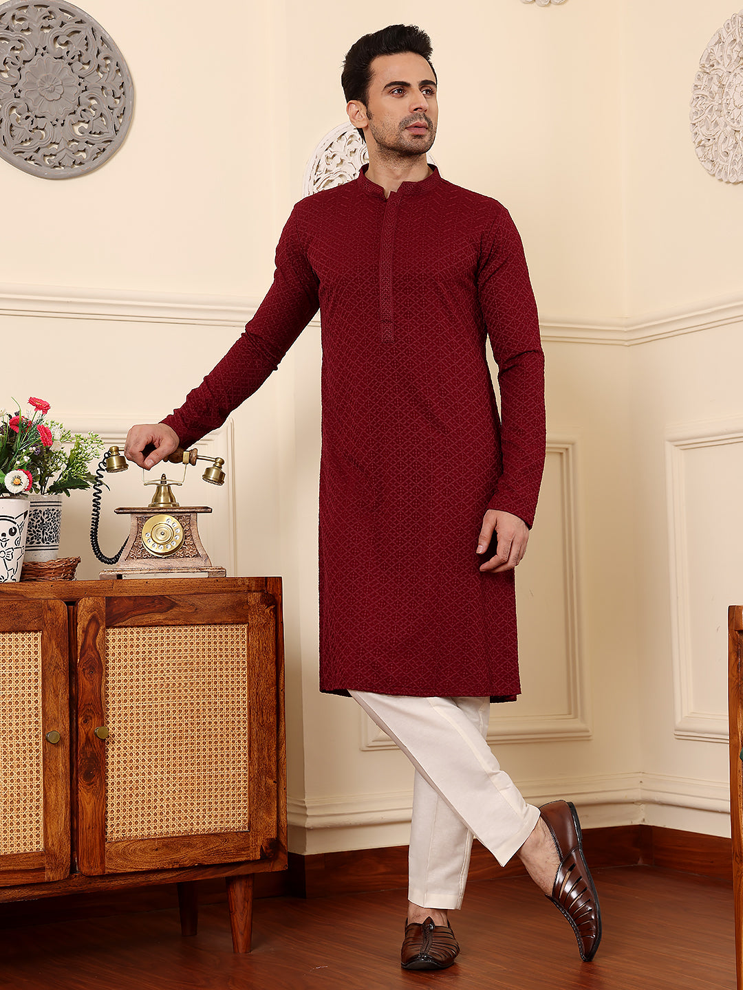 MULTI SHADES Men's Long Sleeve Mandarin Collar Rayon Silk Straight Classic Red Chikankari Kurta