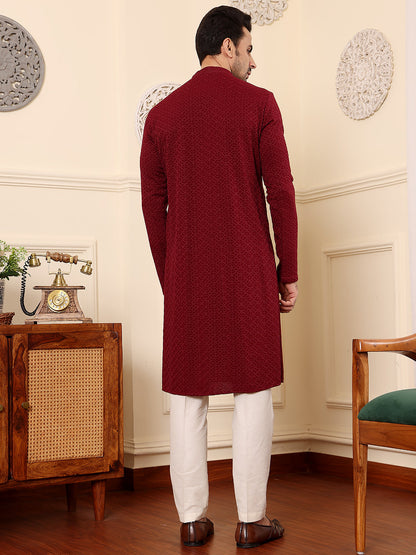 MULTI SHADES Men's Rayon Silk Straight Classic Red Chikankari Kurta,Cream Solid Trouser Style Churidar