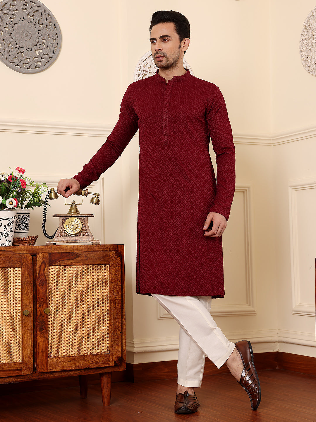 MULTI SHADES Men's Rayon Silk Straight Classic Red Chikankari Kurta,Cream Solid Trouser Style Churidar