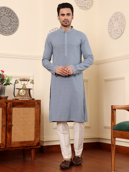 MULTI SHADES Men's Rayon Silk Straight Classic Grey Chikankari Kurta,Off White Solid Trouser Style Churidar