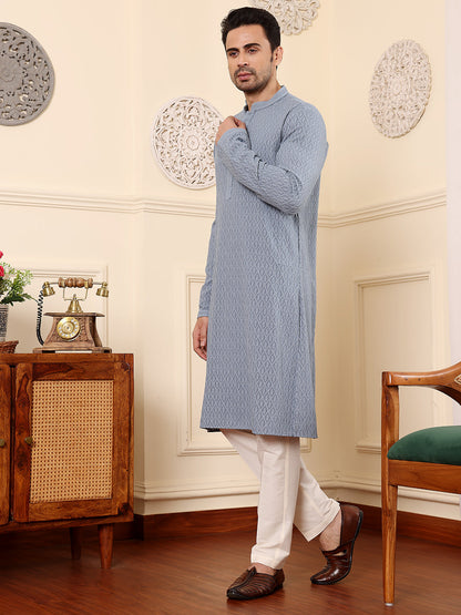 MULTI SHADES Men's Long Sleeve Mandarin Collar Rayon Silk Straight Classic Grey Chikankari Kurta