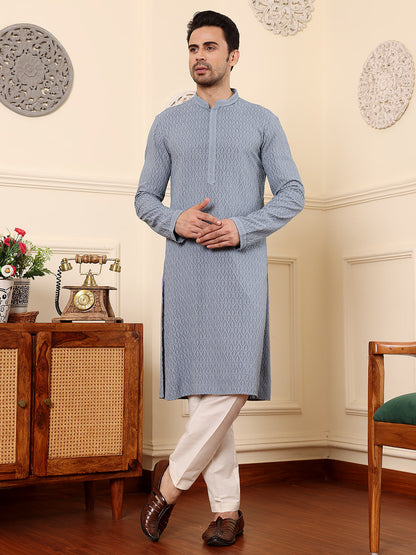 MULTI SHADES Men's Long Sleeve Mandarin Collar Rayon Silk Straight Classic Grey Chikankari Kurta