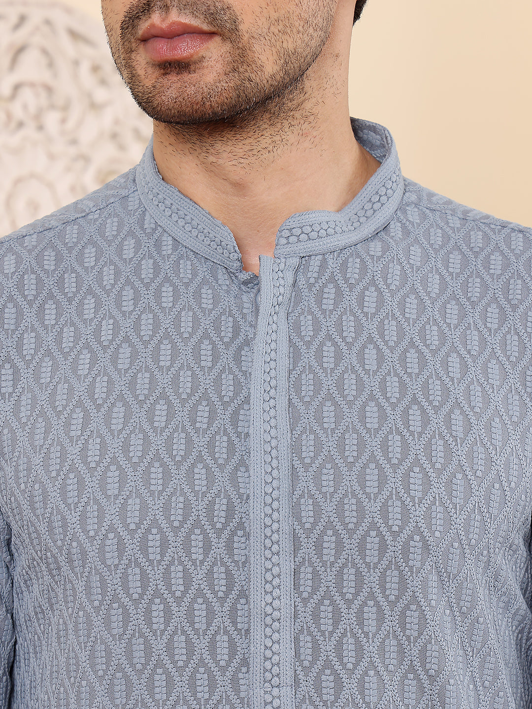 MULTI SHADES Men's Long Sleeve Mandarin Collar Rayon Silk Straight Classic Grey Chikankari Kurta
