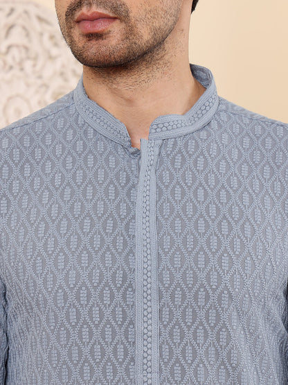 MULTI SHADES Men's Long Sleeve Mandarin Collar Rayon Silk Straight Classic Grey Chikankari Kurta
