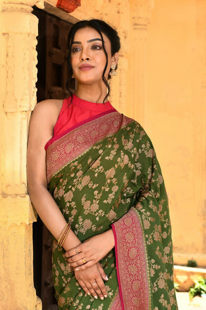 Joban Fashion Green Crepe Chiffon Pure Handloom Banarasi Silk Saree