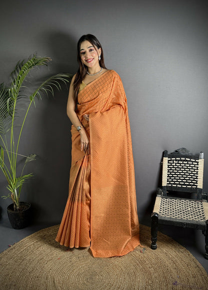 Joban Fashion Orange Banarasi Soft Lichi Silk Checks & Woven Saree