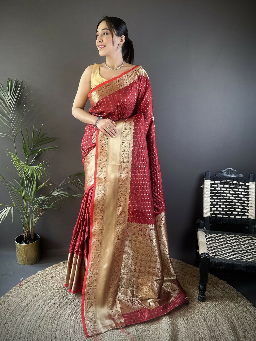 Joban Fashion Brick Red Small Butti Banarasi Silk Sarees