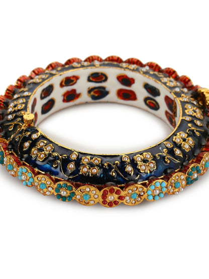 Gold-Polished Blue White Kundan Studded Pearls Beaded Bangle - Ruby Raang