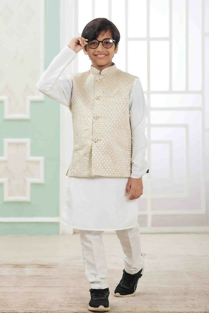 Raivat Ethnic Art Silk Embroidery Work 3 Pics Jacket Set In Off White Colour