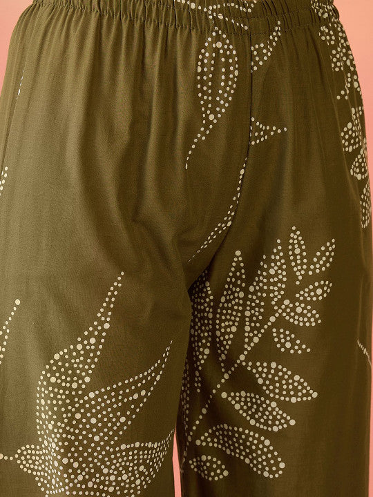 Sangria Green Floral Printed V-Neck A-Line Pure Cotton Kurta Set