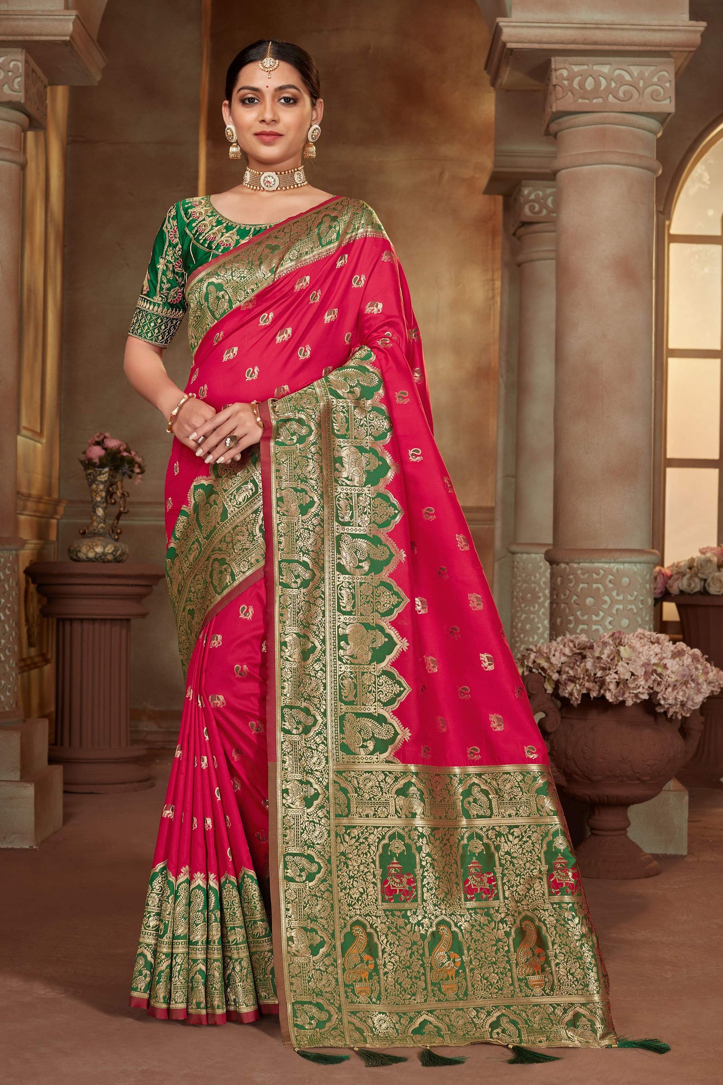 MANOHARI Banarasi Silk Blend Jacquard Work Saree - Pink