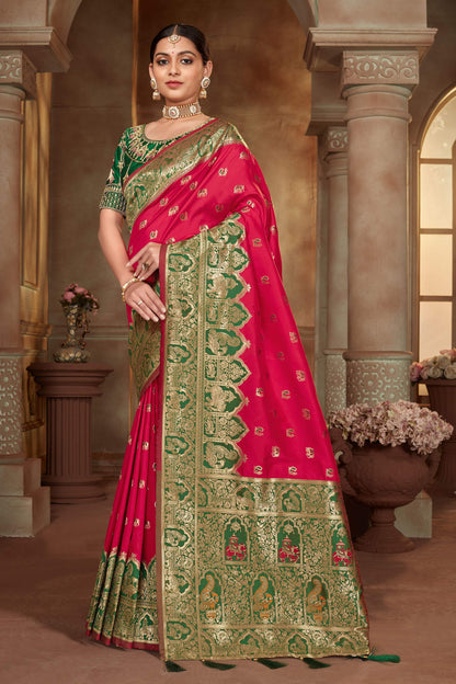 MANOHARI Banarasi Silk Blend Jacquard Work Saree - Pink