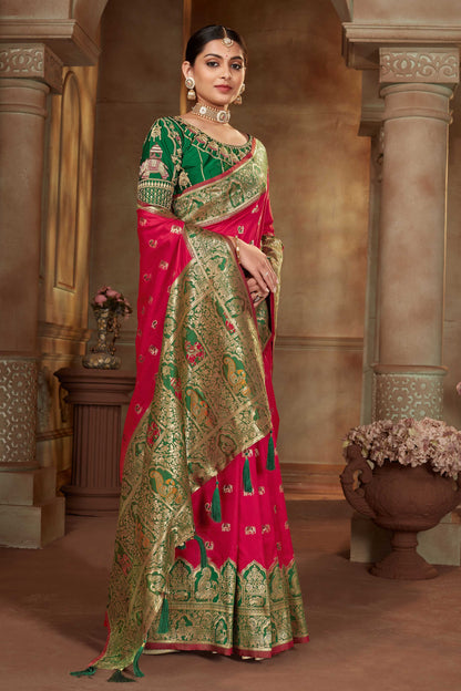MANOHARI Banarasi Silk Blend Jacquard Work Saree - Pink